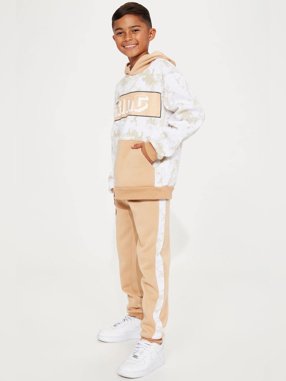 “King” Fashion Nova Kids Tan and White Jogger Set